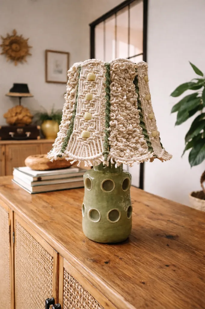 Lampe beige et kaki avec perles