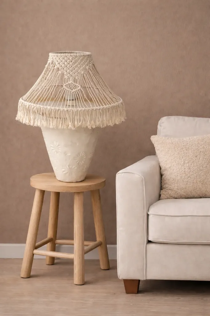 Lampe florale et macramé beige