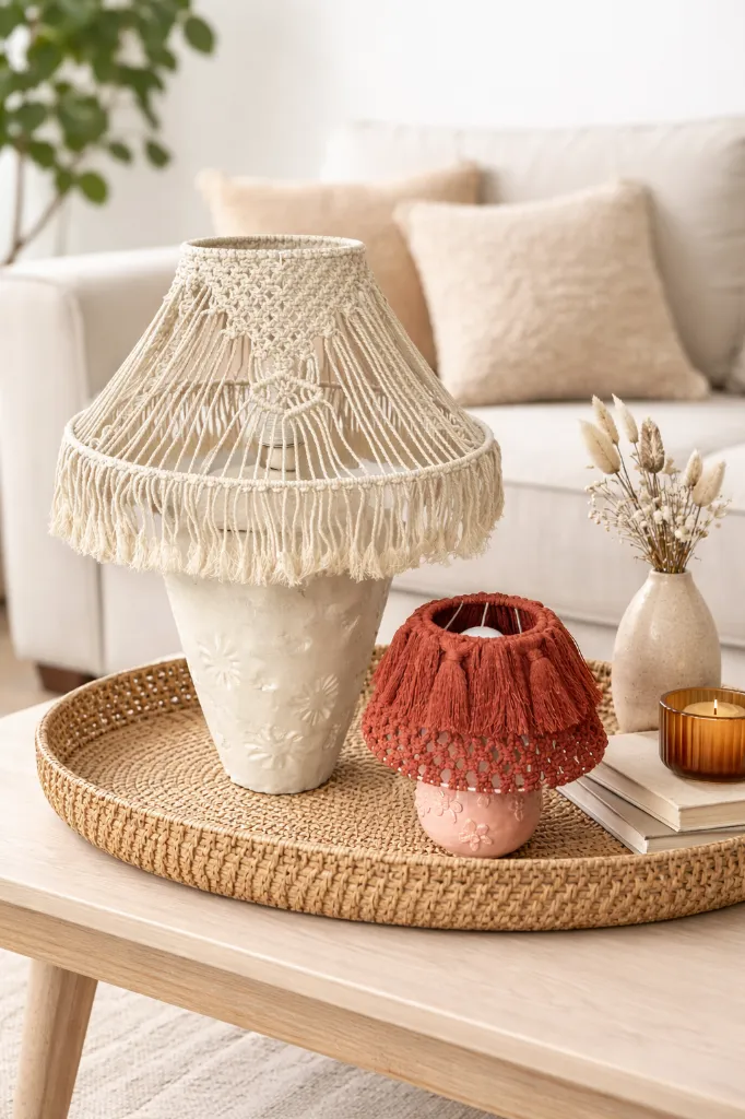 Lampe florale et macramé beige